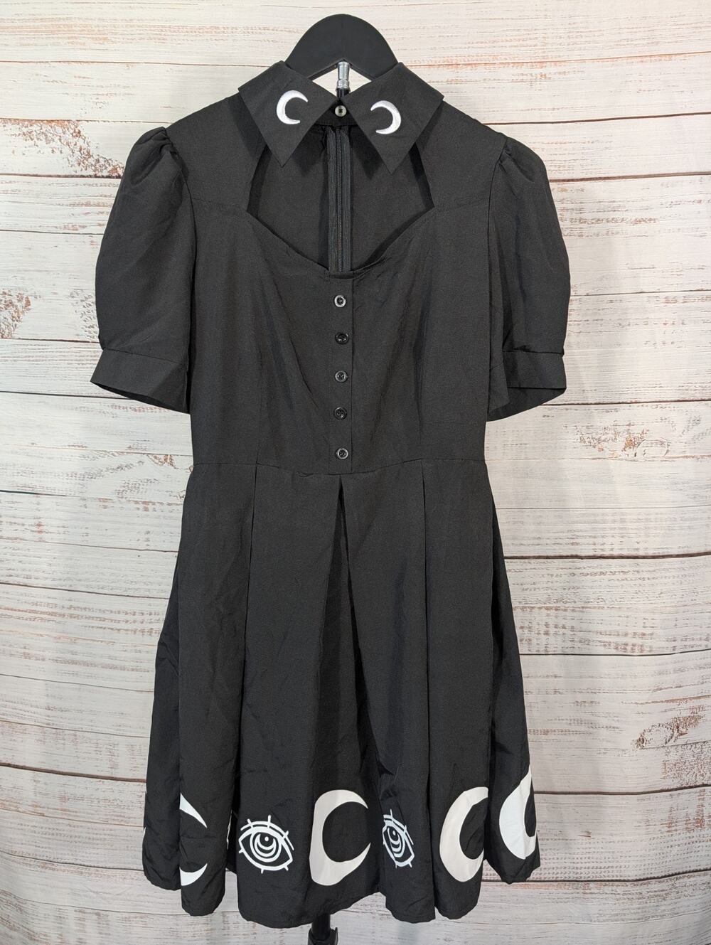 ROMWE Gothic Dress Small Black Celestial Moon Eye Print Peter Pan Collar